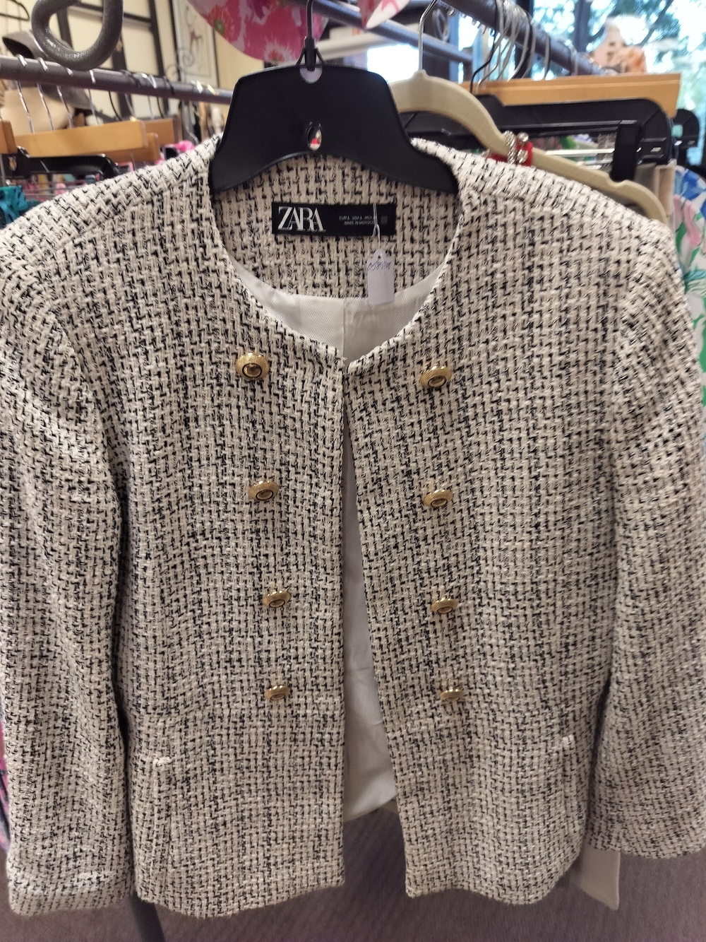 ZARA Cream and Black Tweed Military-Button Jacket